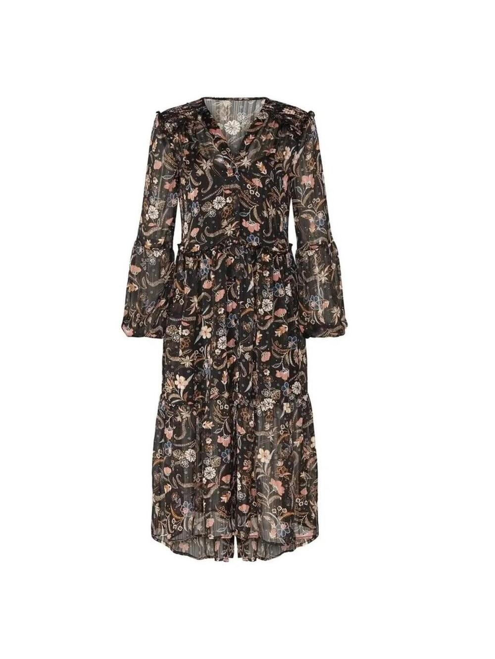 MINKPINK Shiloh Midi Dress Black Floral Ruffle Tiered NWOT S